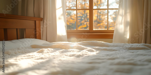 Warm Morning Sunlight Streaming Into Bedroom Through Window and White Curtains Over Wooden Bed