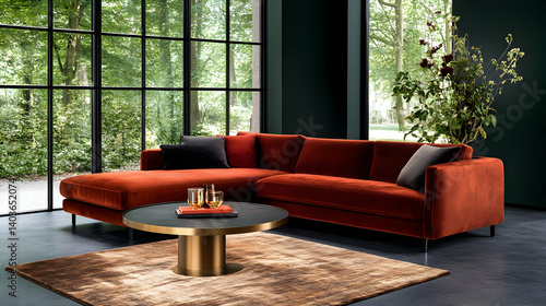 Obraz na płótnie Warm Orange Modern Sofa with Black Pillows Coffee Table and Rug in Spacious Living Room with Natural Light w salonie