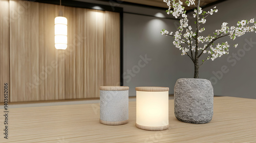 Obraz na płótnie Warm Lit Modern Interior with Wood Panels Stone Vases and Blooming Branches w salonie