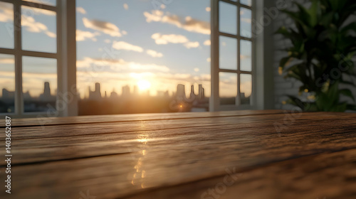 Obraz na płótnie Warm Golden Sunrise Overlooking the City Skyline from a Wooden Table Next to a Domestic Plant Through an Open Window w salonie
