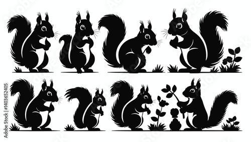 Silhouette Collection Of Squirrels In Various Poses Isolated On White Background Woodland Animal Vector Graphics Wildlife Illustrations Ideal For Design Projects