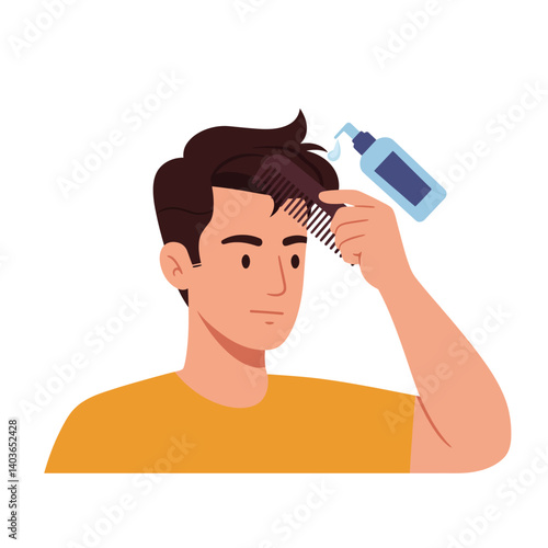 Young man styling hair with product using a comb in a casual setting