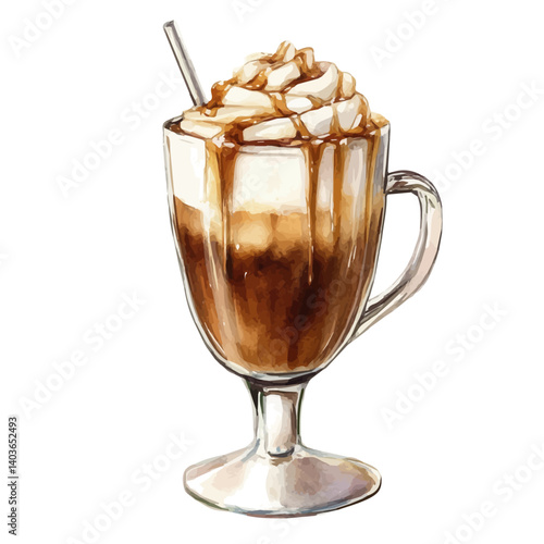 watercolor of Hot Caramel Macchiato, isolated on a white background.