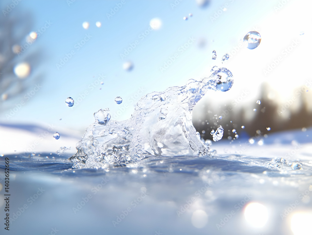 Water Splash in Frozen Lake Under Bright Sunlight During Winter Season