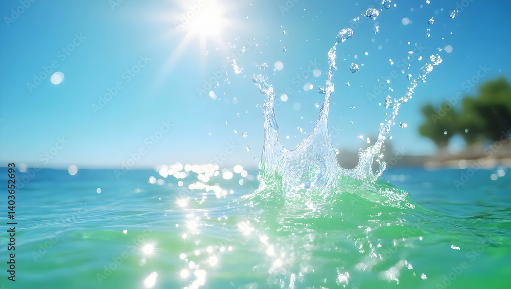 Water Splash on a Bright Sunny Day with Turquoise Water and a Blurred Coastline