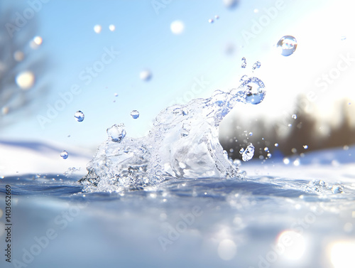 Obraz na płótnie Water Splash in Frozen Lake Under Bright Sunlight During Winter Season w salonie