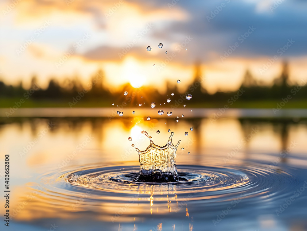 Water Splash Ripples Reflecting a Sunset Sky at Dusk with Tree Silhouette Near Calm Lake