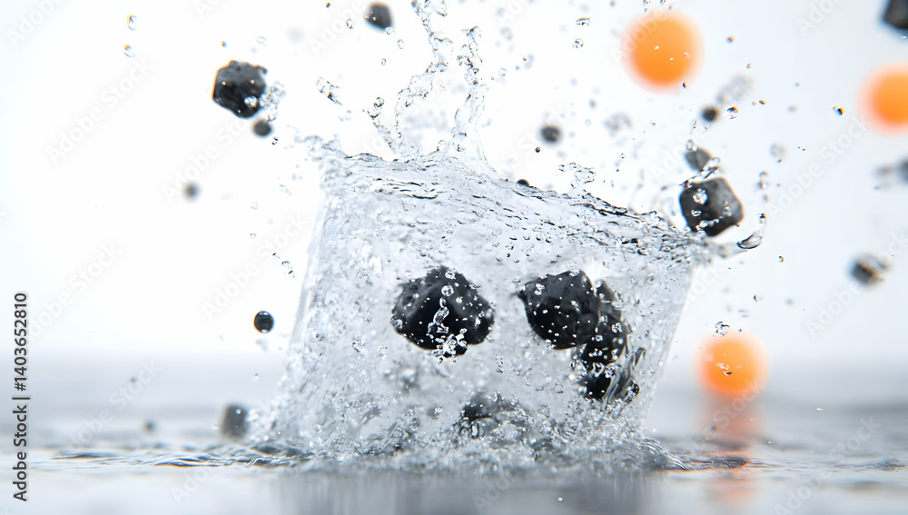 Water Splash with Dark Rocks and Orange Spheres on White Surface Modern Abstract
