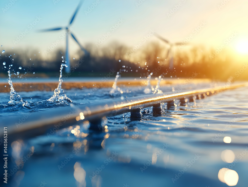 Water Splashing on Metal Railings Near Wind Turbines at Sunset Reflecting Golden Sunlight