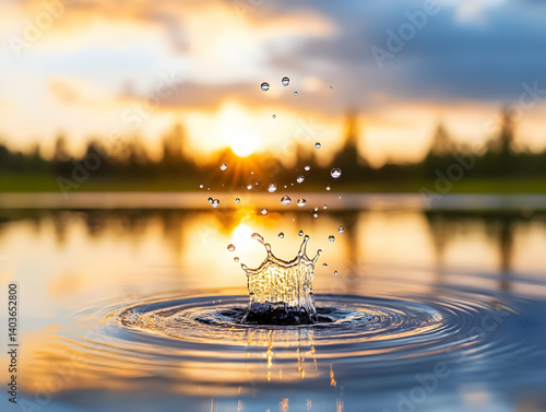 Obraz na płótnie Water Splash Ripples Reflecting a Sunset Sky at Dusk with Tree Silhouette Near Calm Lake w salonie