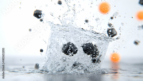 Obraz na płótnie Water Splash with Dark Rocks and Orange Spheres on White Surface Modern Abstract w salonie
