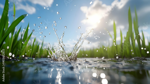 Water Splash with Droplets and Green Grass Under Blue Sky in Sunny Outdoor Environment