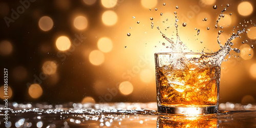 Obraz na płótnie Whiskey Splash in a Glass on a Reflective Surface with Gold Bokeh Background w salonie