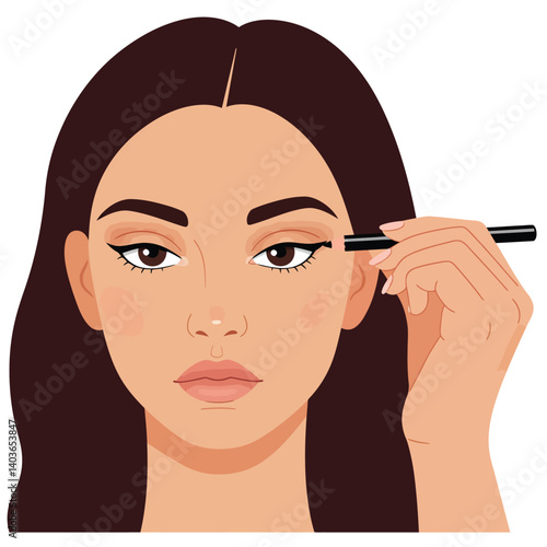 Woman applying eyeliner with a makeup brush in a detailed artistic illustration