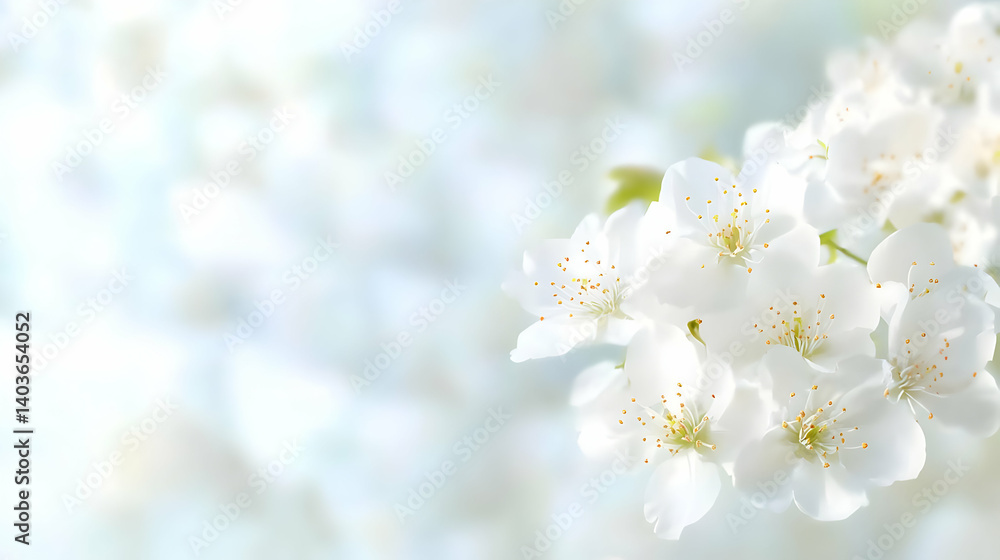 White Cherry Blossoms on a Branch in Springtime with Soft Focus and Bright Lighting on Light Blue Background White Cherry Blossoms on a Branch in Springtime with Soft Focus and Bright Lighting on Light Blue Background