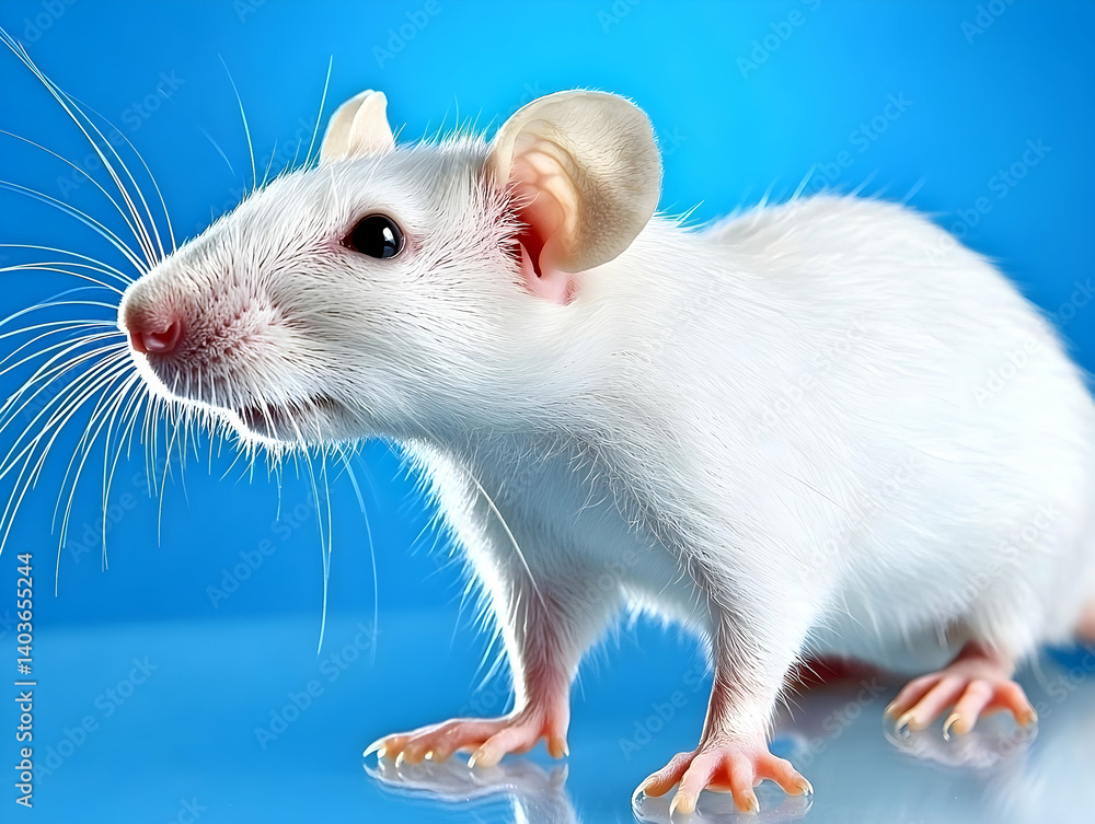 White Rat with Pink Nose Standing on Blue Background in Studio Lighting White Rat with Pink Nose Standing on Blue Background in Studio Lighting