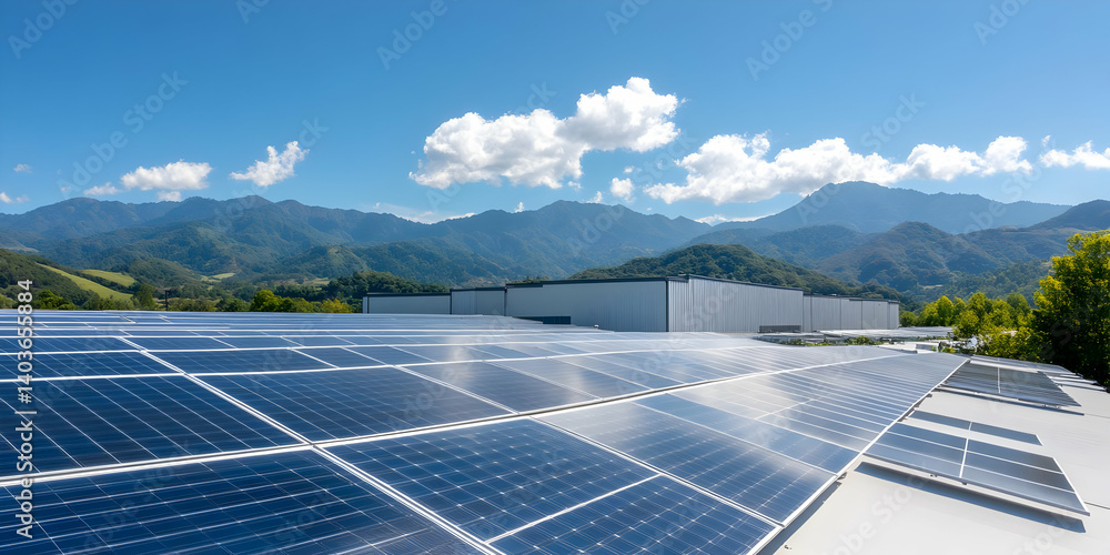 Wide Angle View of a Solar Panel Field with Mountains and Clouds Under a Blue Sky on a Sunny Day