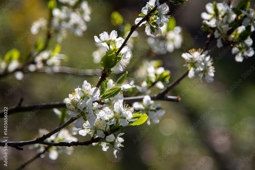 Weiße Kirschblühte im Frühling mit Sonnenlicht