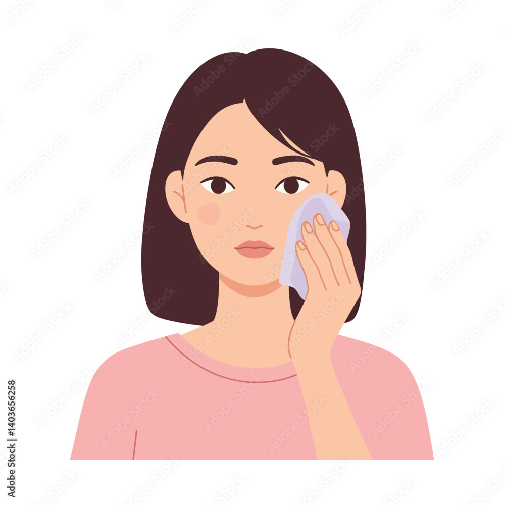 Woman gently cleansing her face with a soft cloth in a skincare routine Woman gently cleansing her face with a soft cloth in a skincare routine