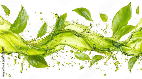 Vibrant explosion of green liquid and flying leaves against black backdrop