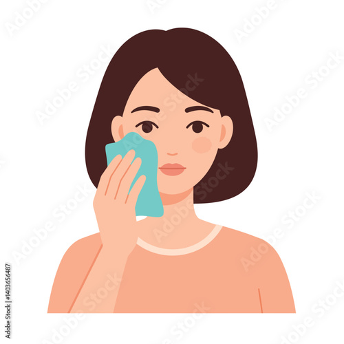 Woman using a soft cloth to cleanse her face with a gentle expression