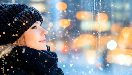 Wallpaper Mural Woman in Black Knit Hat Looking Out Window During Snowfall at Night with Bokeh Lights in the Background Torontodigital.ca