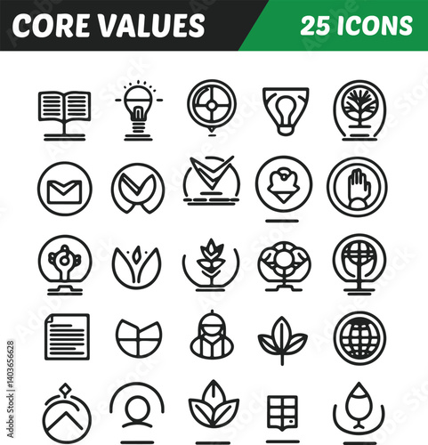 Set of 25 modern line icons representing core values.