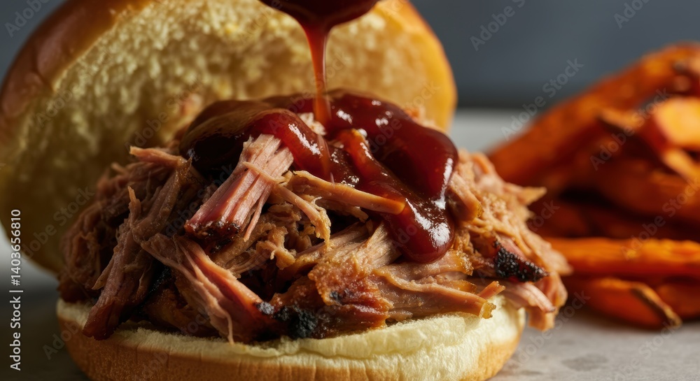 Close-up of pulled pork sandwich with bbq sauce and sweet potato fries Close-up of pulled pork sandwich with bbq sauce and sweet potato fries