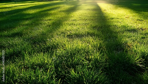 a field of grass with shadows of the sun on it green lawn with fresh grass outdoors