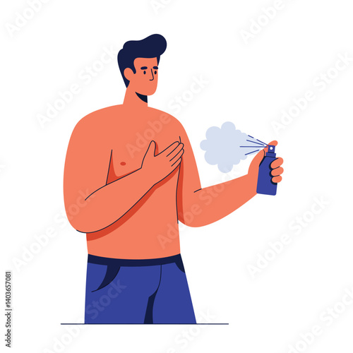 Man applying spray on skin in a personal care routine illustration