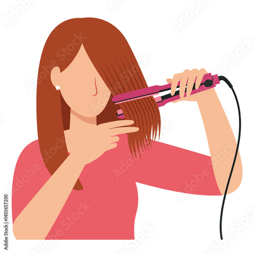 Woman using a hair straightener to style her long, brown hair at home