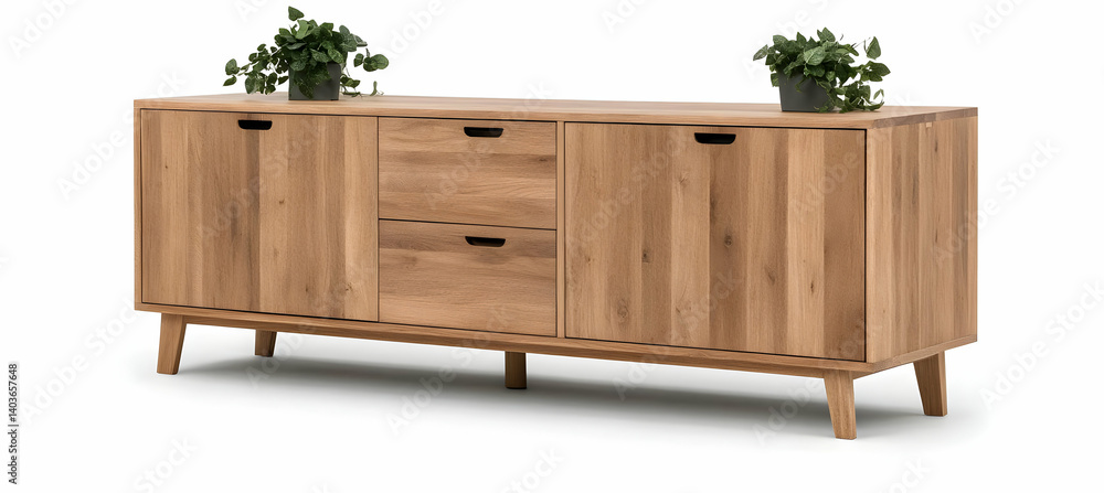 Wooden Cabinet with Storage and Plants in Minimalist Style on White Background Wooden Cabinet with Storage and Plants in Minimalist Style on White Background
