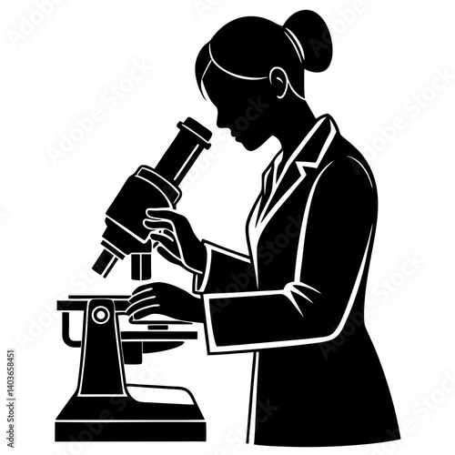 A silhouette of a woman laboratory technician adjusting a microscope’s magnification dial