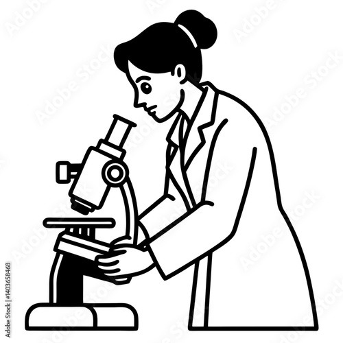 A silhouette of a woman laboratory technician adjusting a microscope’s magnification dial