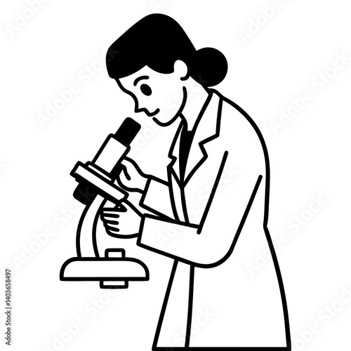 A silhouette of a woman laboratory technician adjusting a microscope’s magnification dial