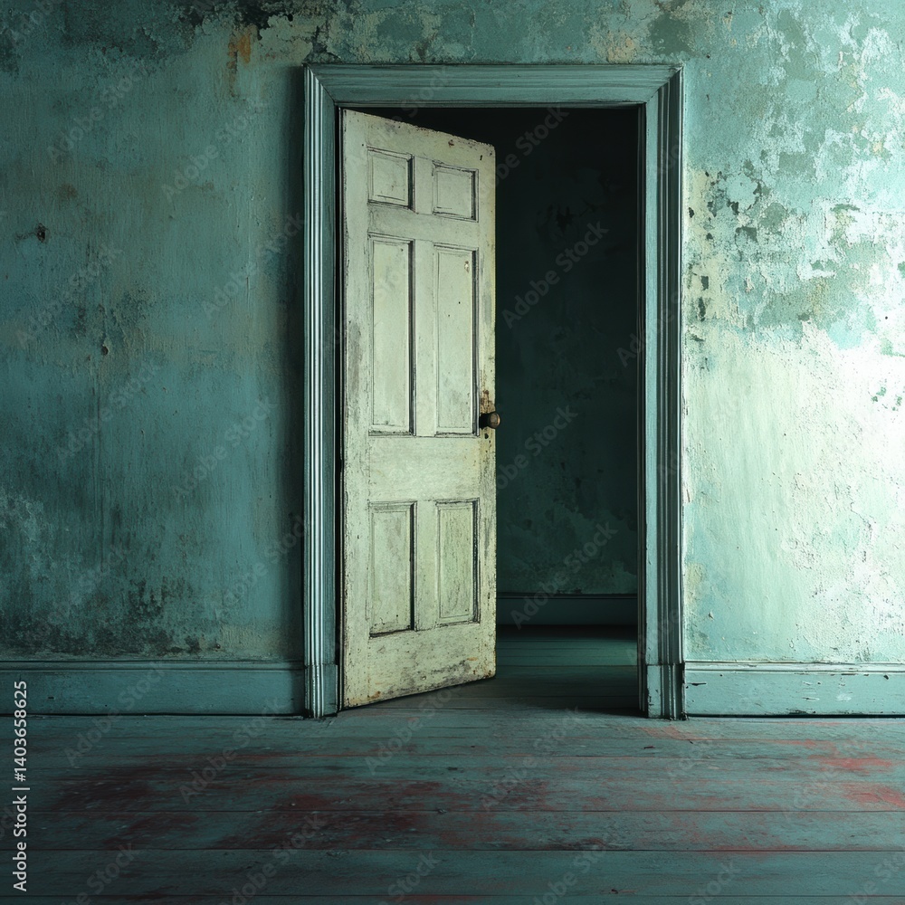 An old and open wooden door inside a dilapidated room, inviting a journey into the unknown. The scene evokes a sense of mystery and decay An old and open wooden door inside a dilapidated room, inviting a journey into the unknown. The scene evokes a sense of mystery and decay