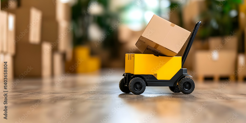 Yellow Hand Truck Carrying a Cardboard Box in Indoor Setting with Blurred Stacked Boxes During Delivery and Moving Process