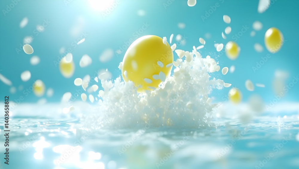 Yellow Sphere Drops into Sparkling Aqua Water with White Splashes in Abstract Still Life Illustration
