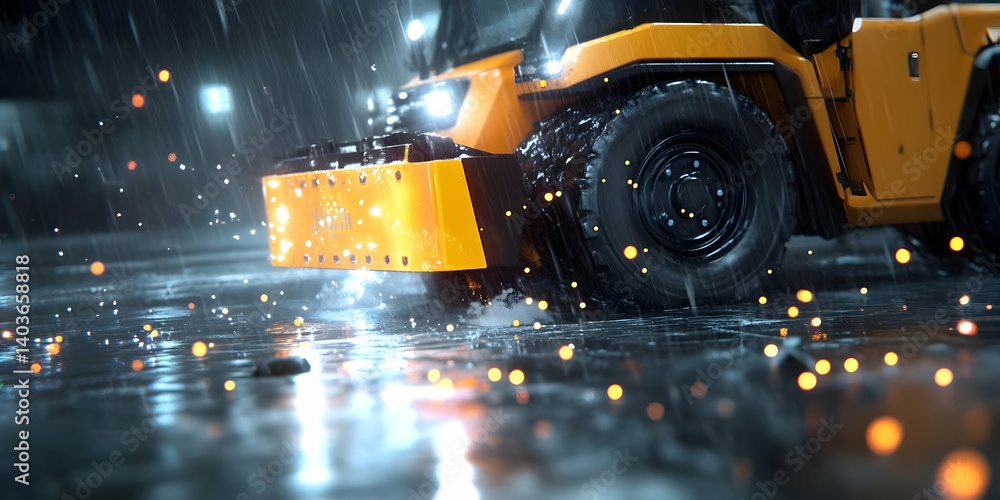 Yellow Heavy Equipment Vehicle Driving Through Puddles on Wet Asphalt Road During Rainy Day