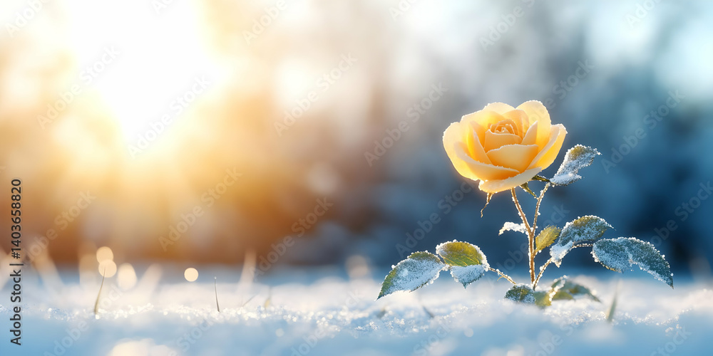 Yellow Rose Bloom with Snow in Golden Sunlight in Winter Landscape