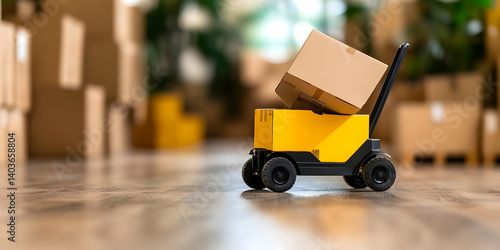 Obraz na płótnie Yellow Hand Truck Carrying a Cardboard Box in Indoor Setting with Blurred Stacked Boxes During Delivery and Moving Process w salonie