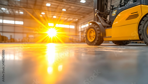 Obraz na płótnie Yellow Forklift Standing on Shiny Concrete Floor with Sun Flare in Large Warehouse w salonie
