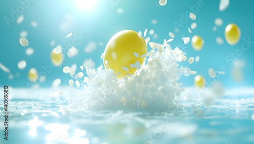 Obraz na płótnie Yellow Sphere Drops into Sparkling Aqua Water with White Splashes in Abstract Still Life Illustration w salonie