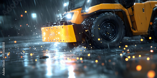 Obraz na płótnie Yellow Heavy Equipment Vehicle Driving Through Puddles on Wet Asphalt Road During Rainy Day w salonie