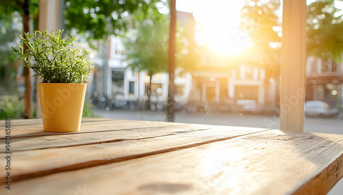 Obraz na płótnie Yellow Pot Plant on Rustic Wooden Table with Sunlight City Street Scene in Soft Focus w salonie