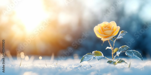 Yellow Rose Bloom with Snow in Golden Sunlight in Winter Landscape