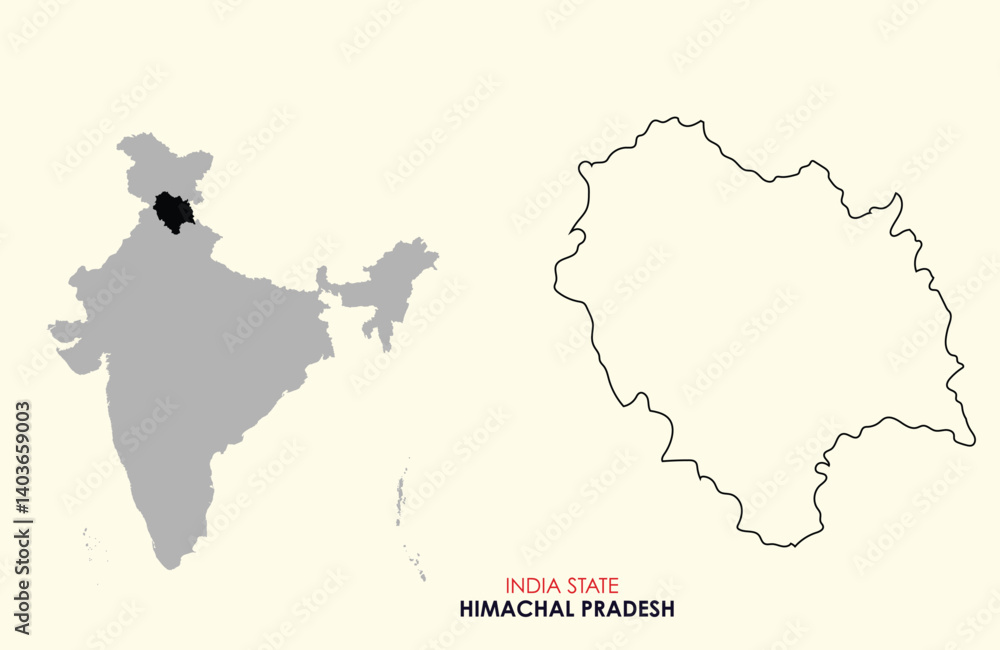 Fototapeta premium Map of Himachal Pradesh, Map of Himachal Pradesh with Indian Map, Himachal Pradesh state of India Vector Illustration. 