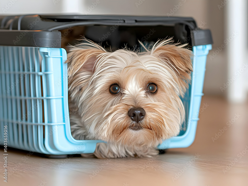 Yorkshire Terrier Peeking Out From Light Blue Pet Carrier in Natural Light