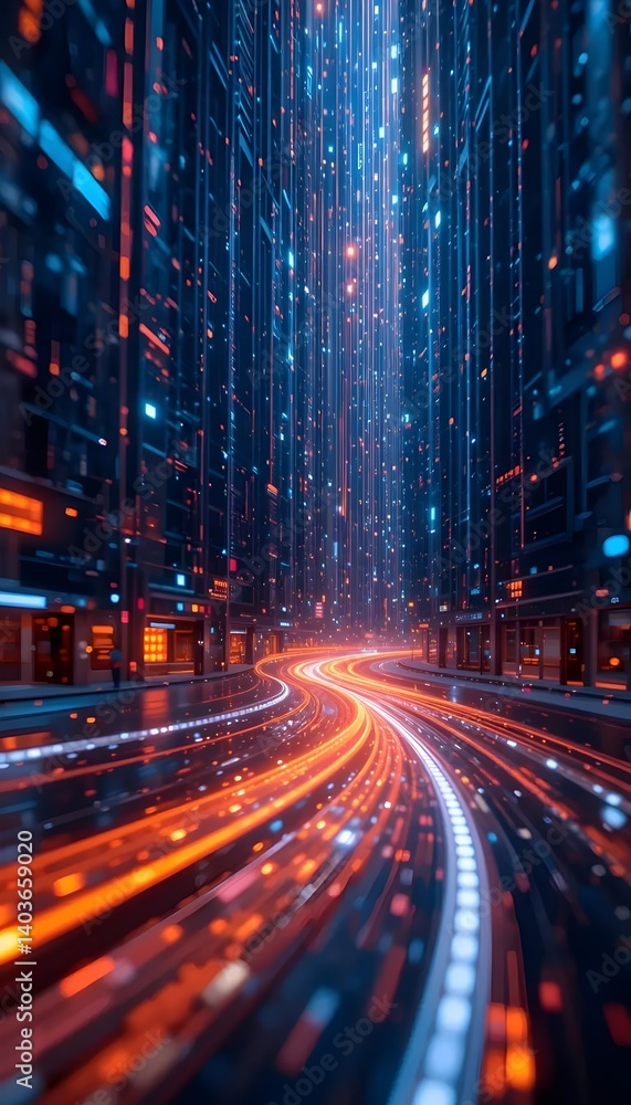 Obraz premium Nightscape of a futuristic smart city gleaming with a network of lights and data flowing through illuminated highways, reflecting the integration of advanced technology and modern urban infrastructure