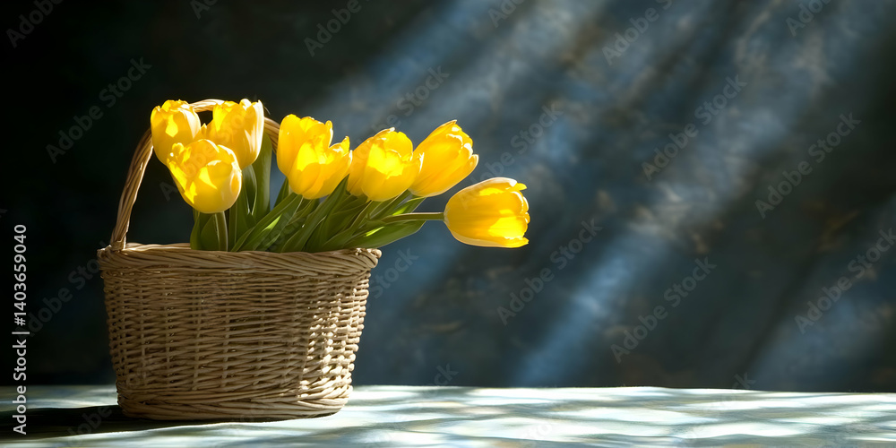 Yellow Tulips in Woven Basket with Sunlight and Shadows on Dark Background for Home Decor